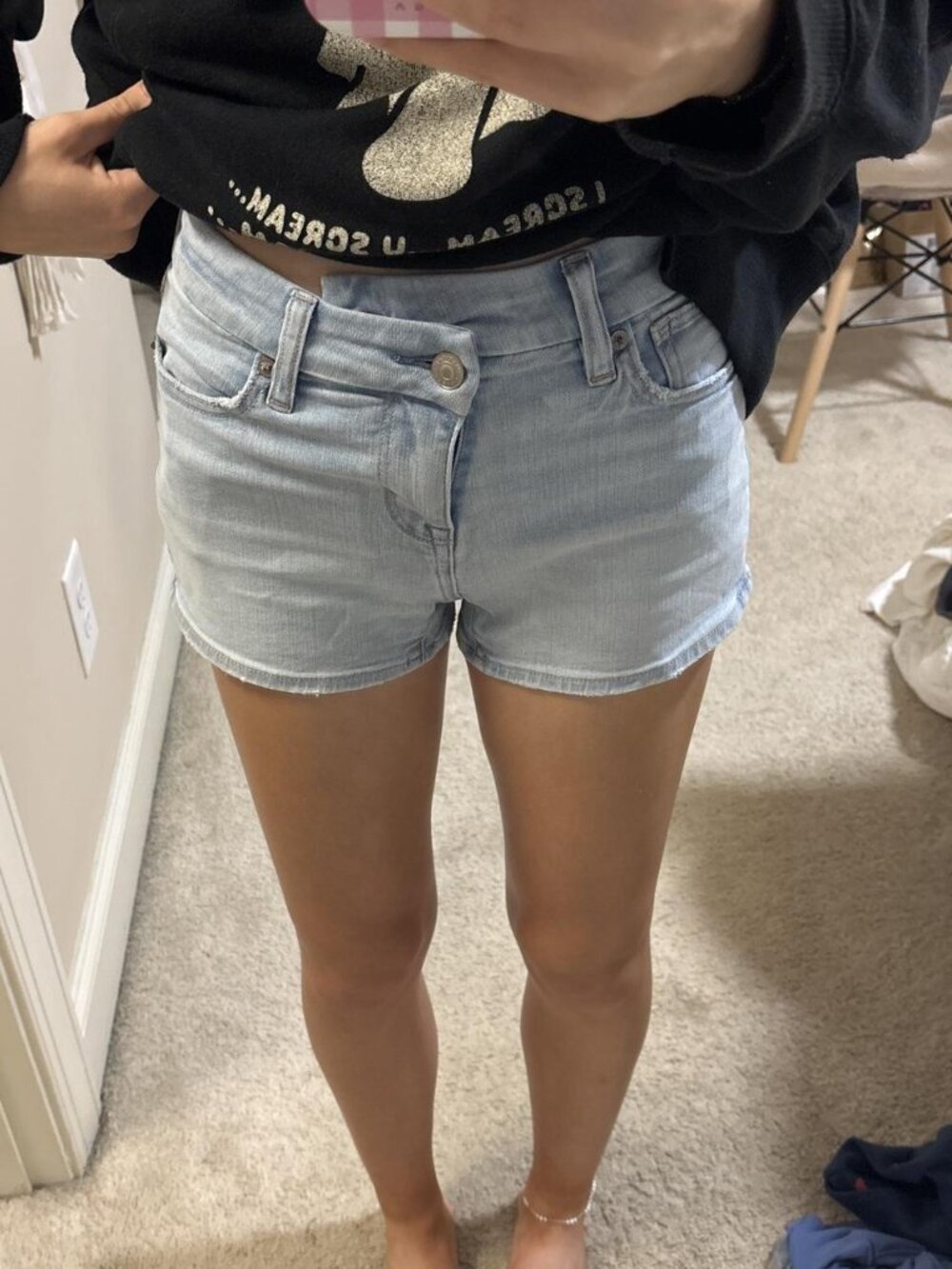American Eagle Curvy High-Rise Shortie Stretch Jean Cross-Front Button Shorts